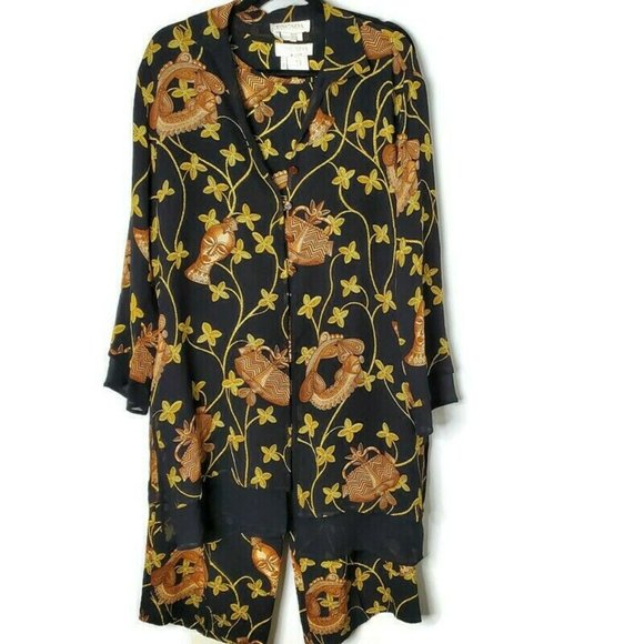 Escada Pants - Vintage Escada Black Gold Silk Koi Fish Floral Tribal Set 1990s